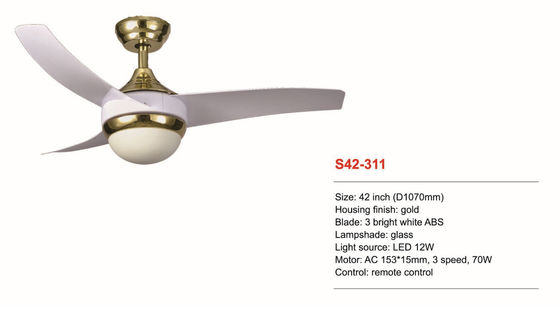 Quạt trần điều khiển từ xa có thể điều chỉnh độ sáng 42 inch 3 cánh ABS màu trắng sáng