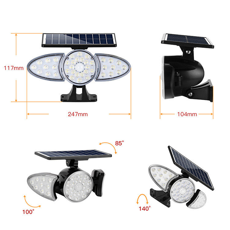 Ba đầu 100-400LM 38PCS LED Cảm biến năng lượng mặt trời Đèn tường cho lối đi